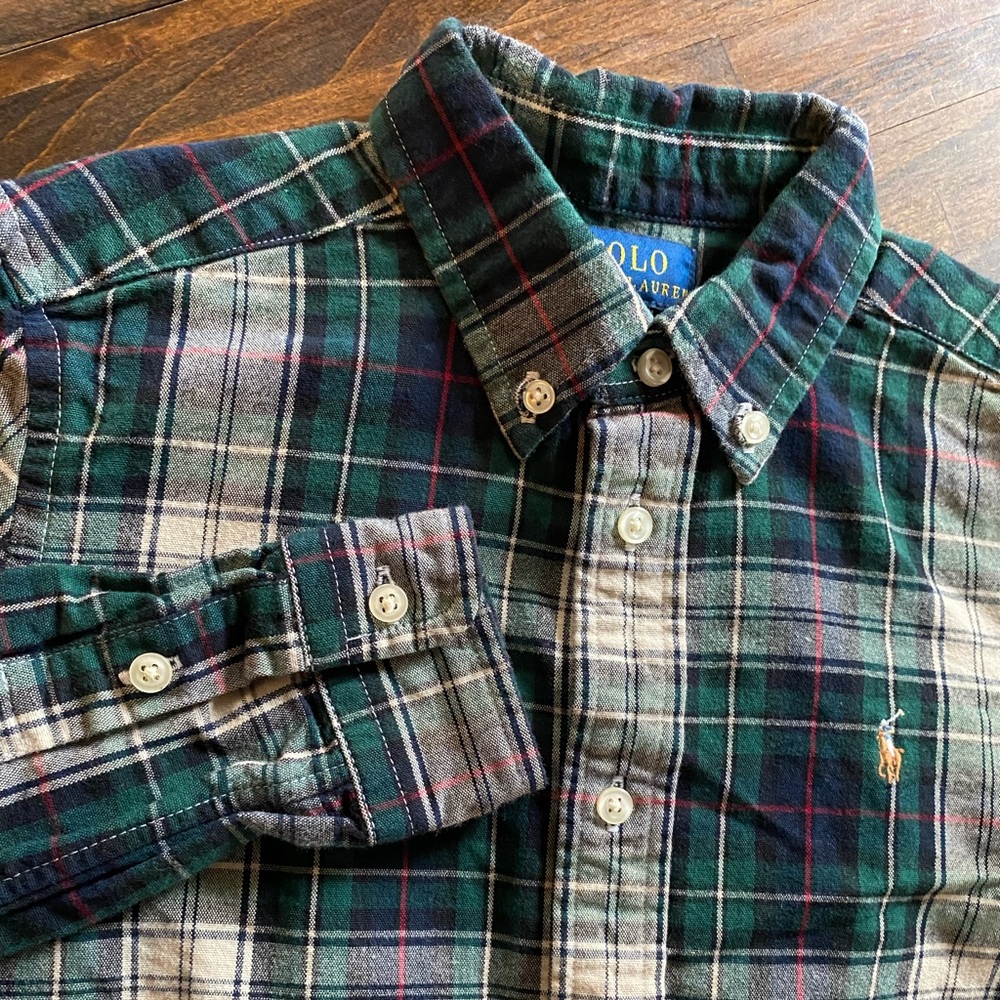 Polo Ralph Lauren Boys Plaid Oxford Flannel Shirt Cotton Size 7 Green Holiday
